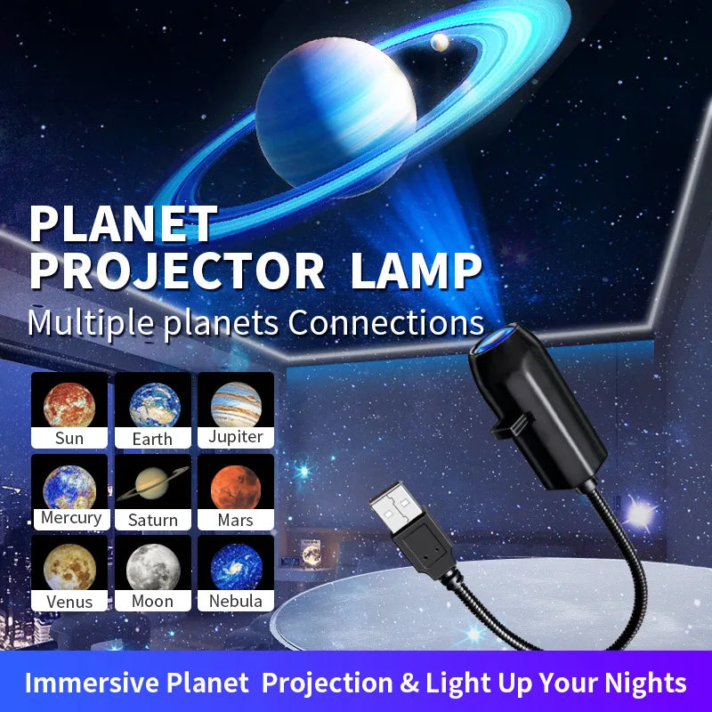 Planet projector lamp projecting Saturn, with USB connection and multiple planet projection options.