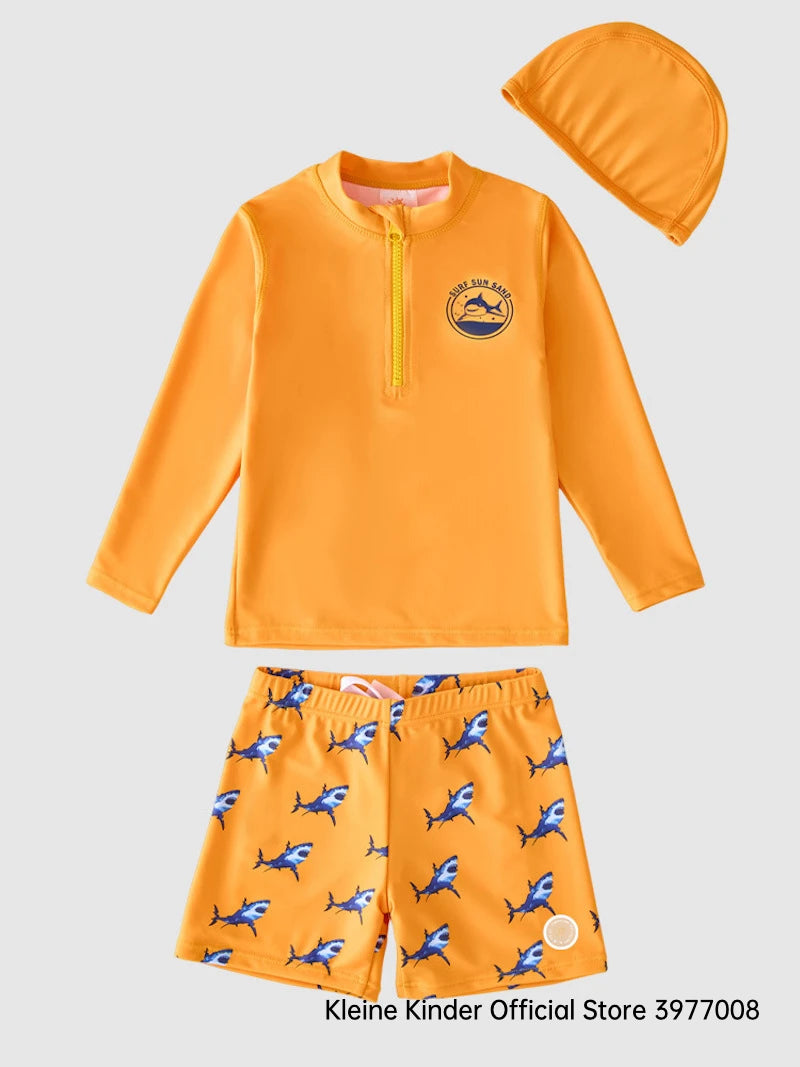 Children's Swimsuit Orange Long Sleeve Rash Guard Kids UPF50 UV Protection Boy's Beach Clothes Shark Swimming Bathing Suit Kids