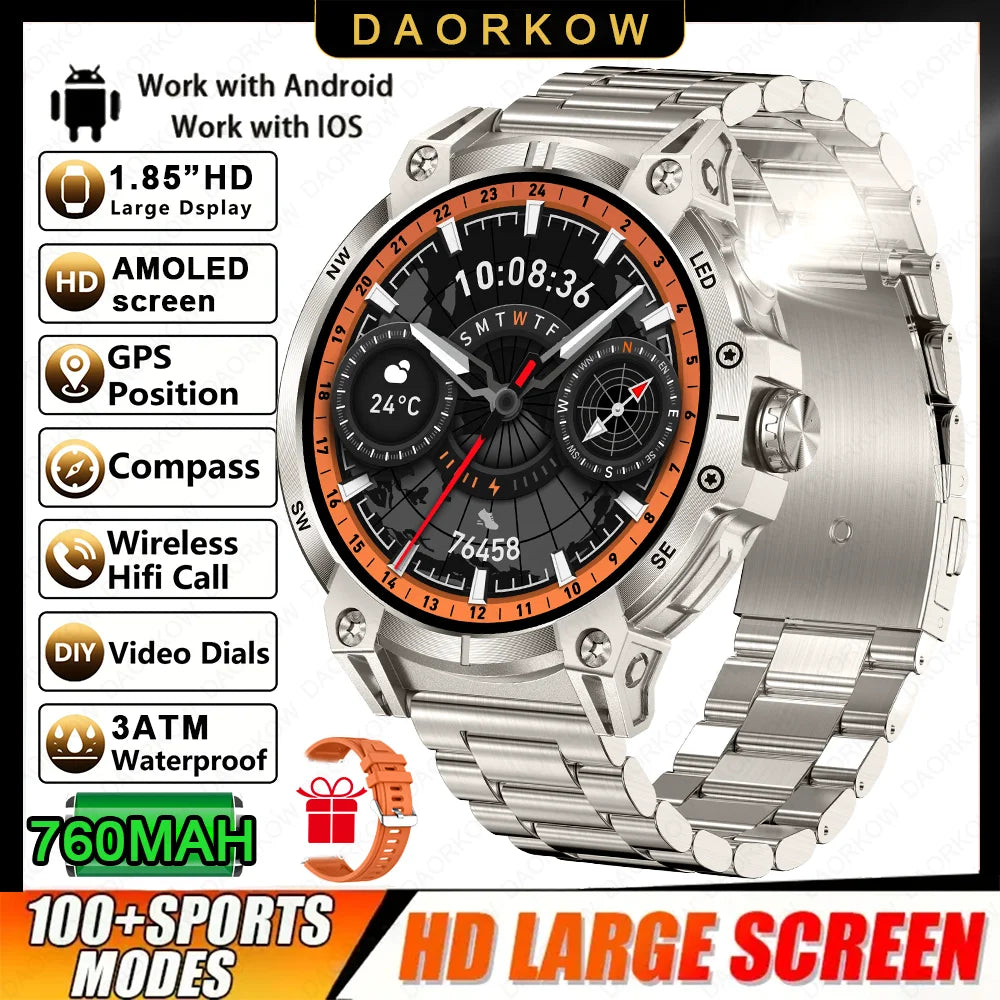 Military smartwatch men,760mAh Bluetooth call,LEDflashlight,compass,1.85HD Large screen,heart rate.blood pressure,IP68waterproof