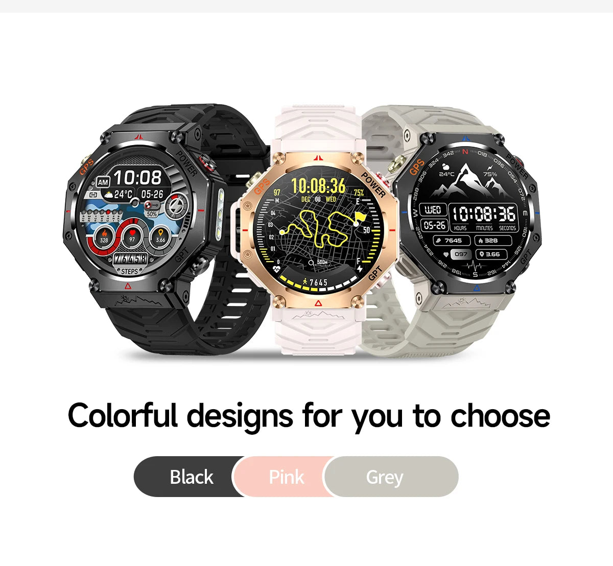 New ChatGPT AI assistant smartwatch with 5ATM water resistance, GPS, built-in dual-frequency GNSS and compass. For men and women