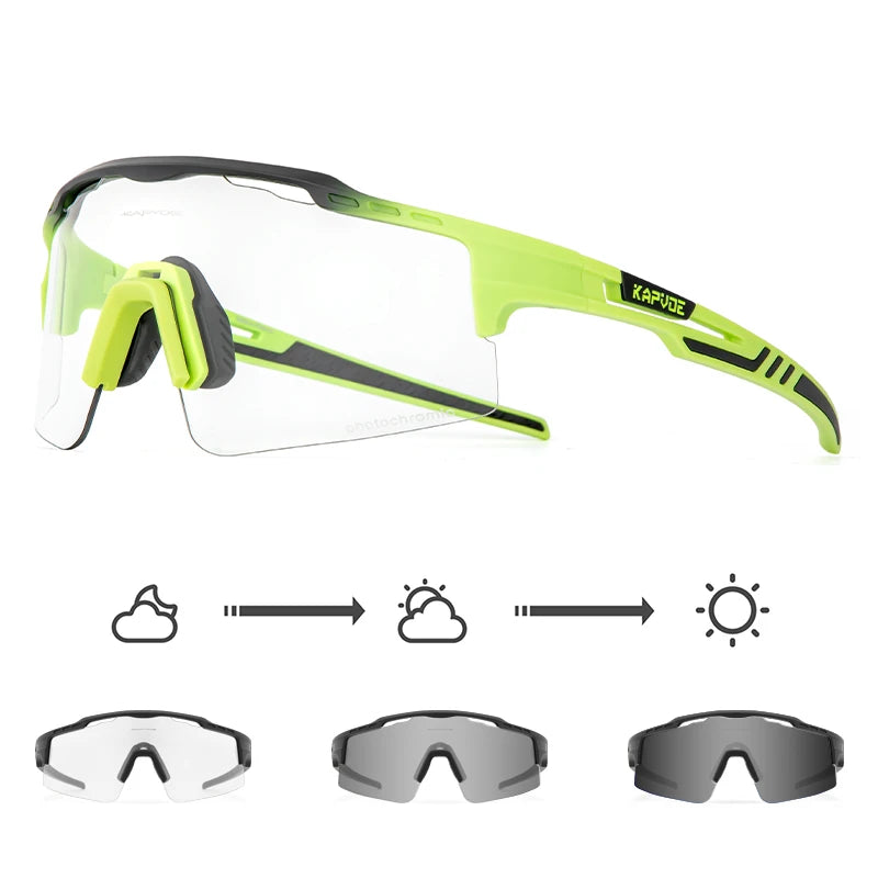 Photochromic sports sunglasses with lime green frame and interchangeable lenses showing light to dark transition.