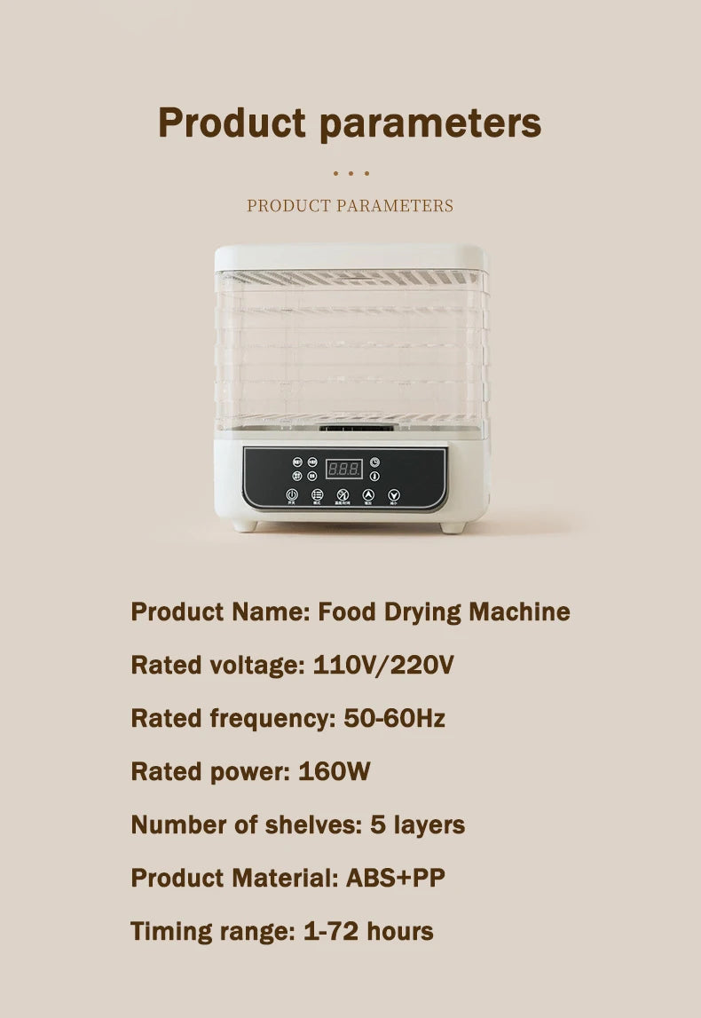 DMWD Dried Food Dehydrator Herb Fruit Vegetable Dehydration Drying Machine Smart Timing 5 Trays Pet Snacks Meat Hot Air Dryer EU