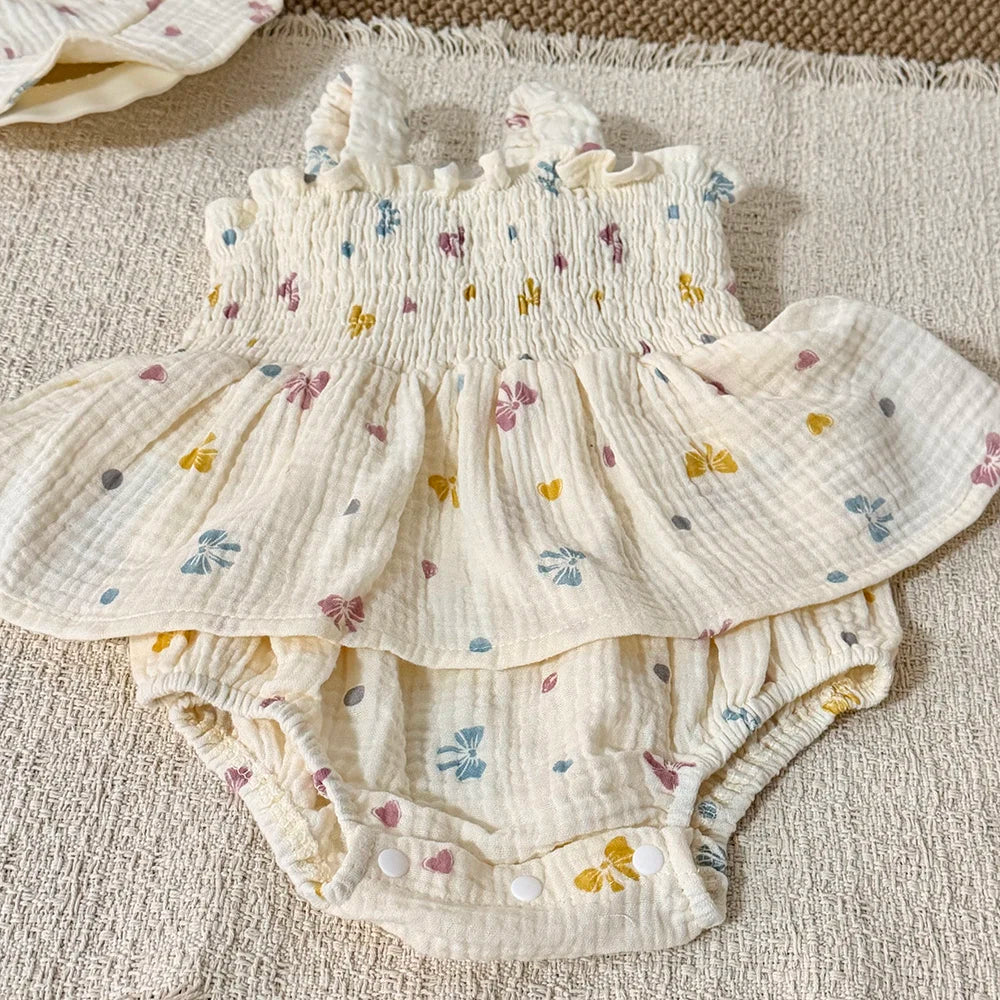 MILANCEL New Summer Baby Bodysuit 3-18M Sweet Bow Infant Girls Straps Jumpsuit +Hat Cotton Thin Toddler One Piece