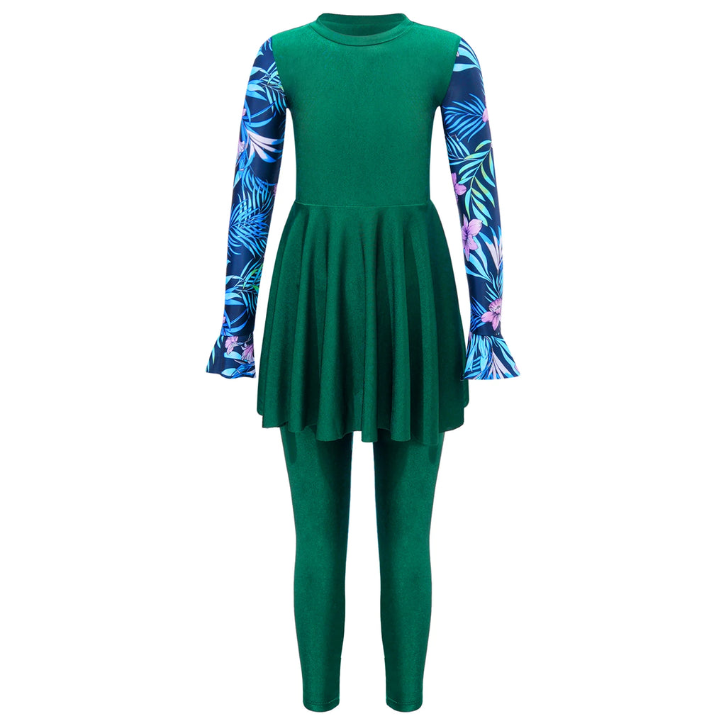 Girls Swimsuits 2 Piece Rash Guard Set UPF 50 Sun Protection Long Sleeve Swim Dress with Leggings Kids Full Body Cover Beachwear