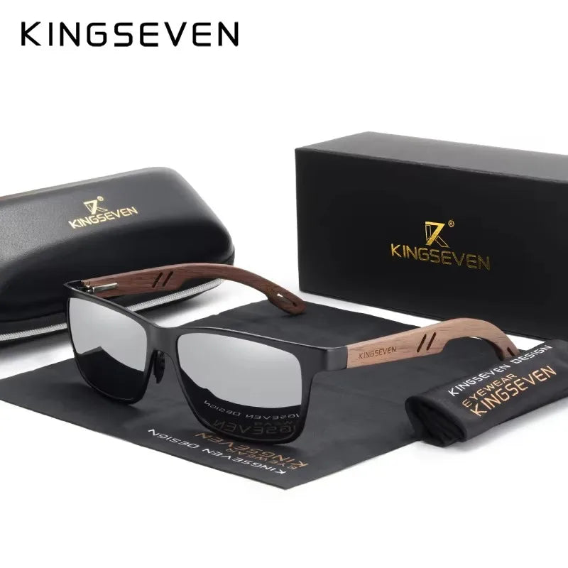 Men's polarized sunglasses with black frame, wooden arms, and accessories set on white background