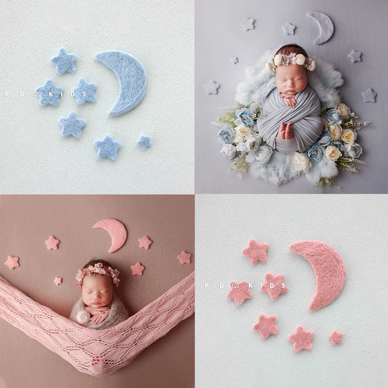 7pcs Wool Felt Stars and Moon Newborn Photography Props Background Mini Accessories Atmospheric Moon and Stars Baby Shoot Props
