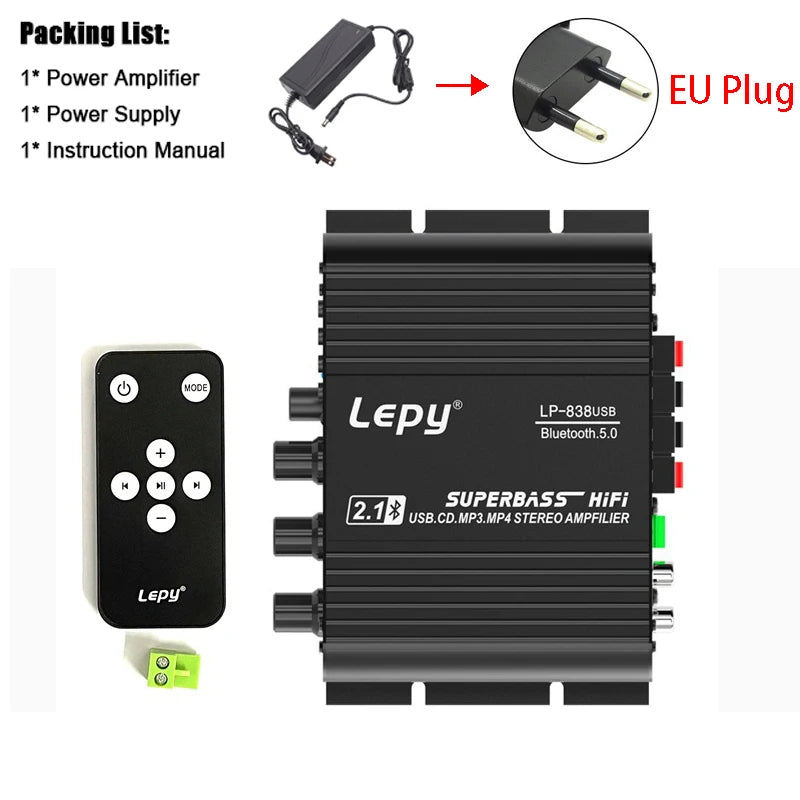 LP-838USB 2.1Channel Amplifier 12V Car Home Amp USB BT Lossless Music Play Digital Audio Amplificador with Remote Control HiFi