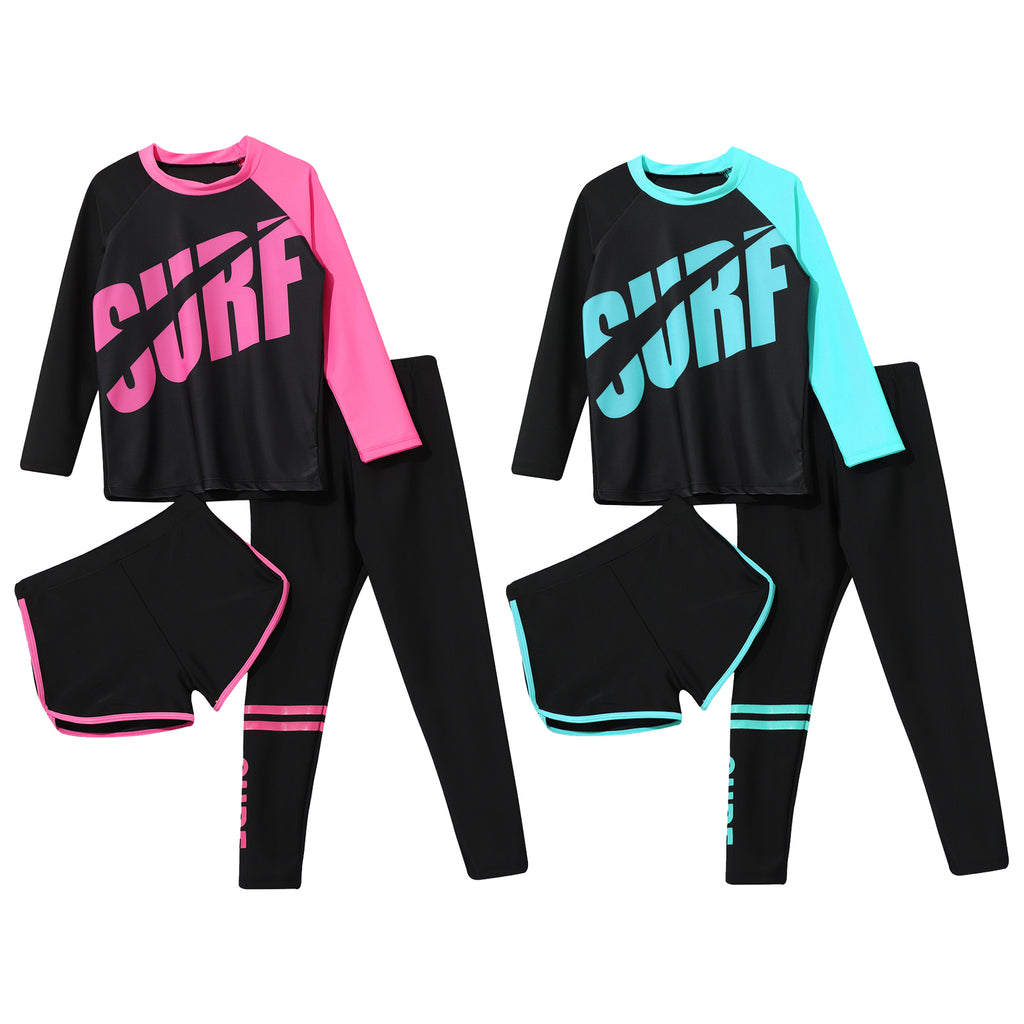 Kids Rash Guard Swimwear 3 Piece Swimming Sets Quickly Dry Swimsuit Sun Protection Long Sleeve Top+Shorts+Pants Swim Outfits