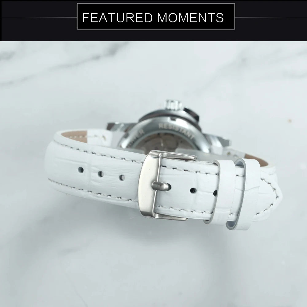 WINNER Fashion Skeleton Mechanical Watch for Women Luxury Rhinestones Dial Elegant Automatic Watches Leather Strap Luminous Hand