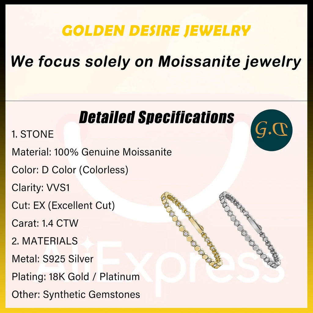 925 Sterling Silver 14K Gold Plated Moissanite Hexagon Tennis Bracelet for Women Color Sparkling Geometric Jewelry Gift