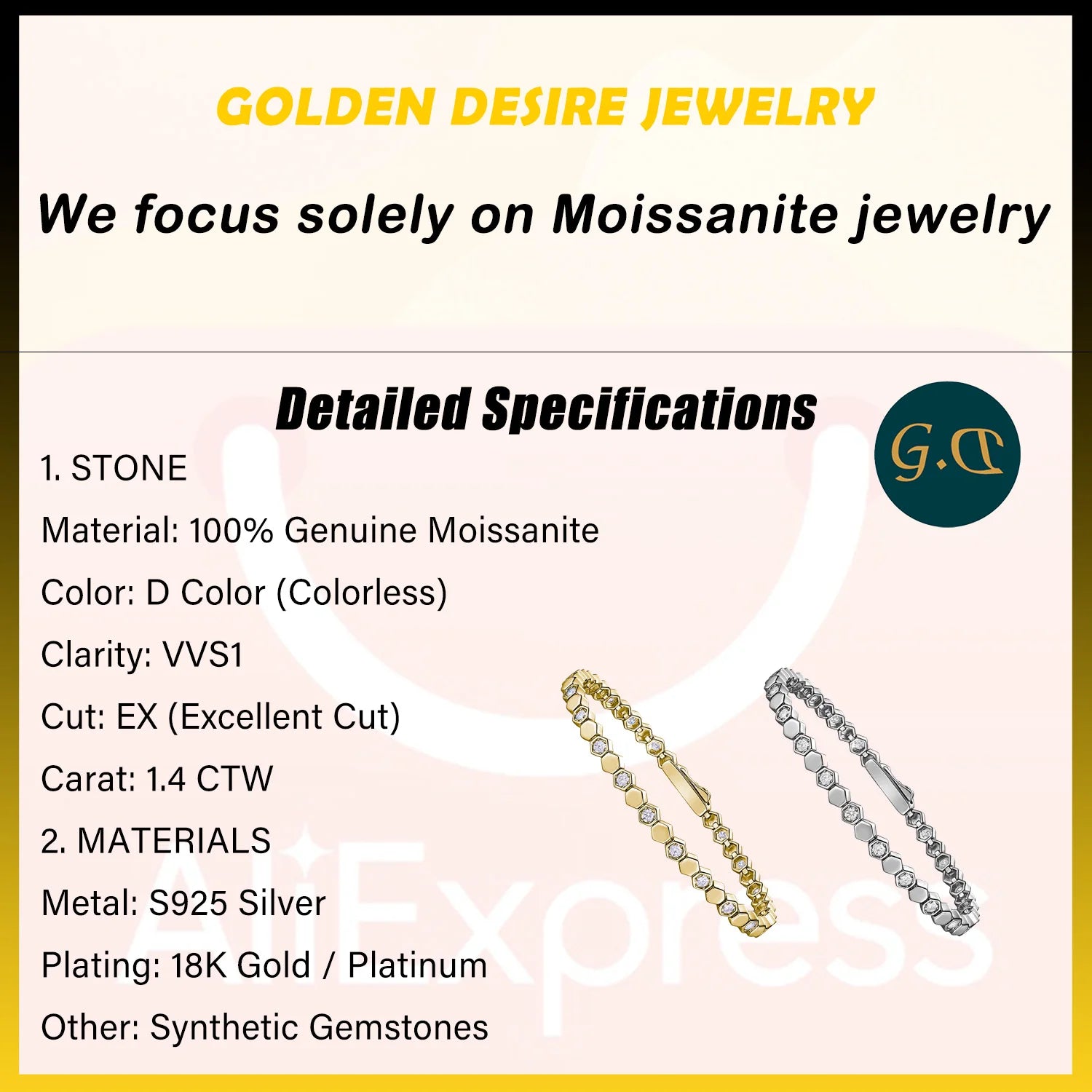 925 Sterling Silver 14K Gold Plated Moissanite Hexagon Tennis Bracelet for Women Color Sparkling Geometric Jewelry Gift