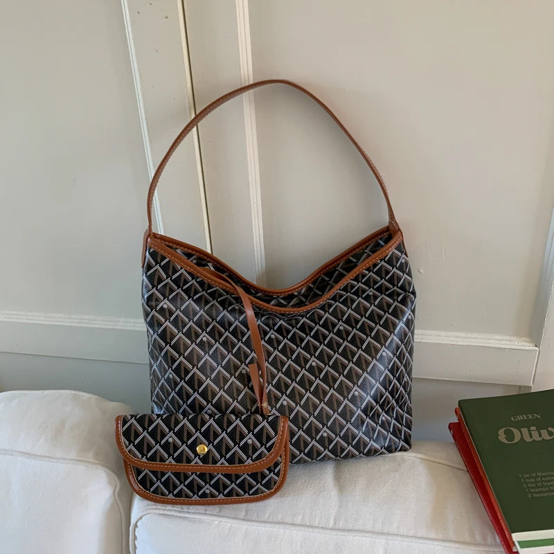Large Capacity Women's Shoulder Bag Fashionable Commuter Tote Bag Soft PU Leather Printed Geometric Pattern Autumn New Arrival