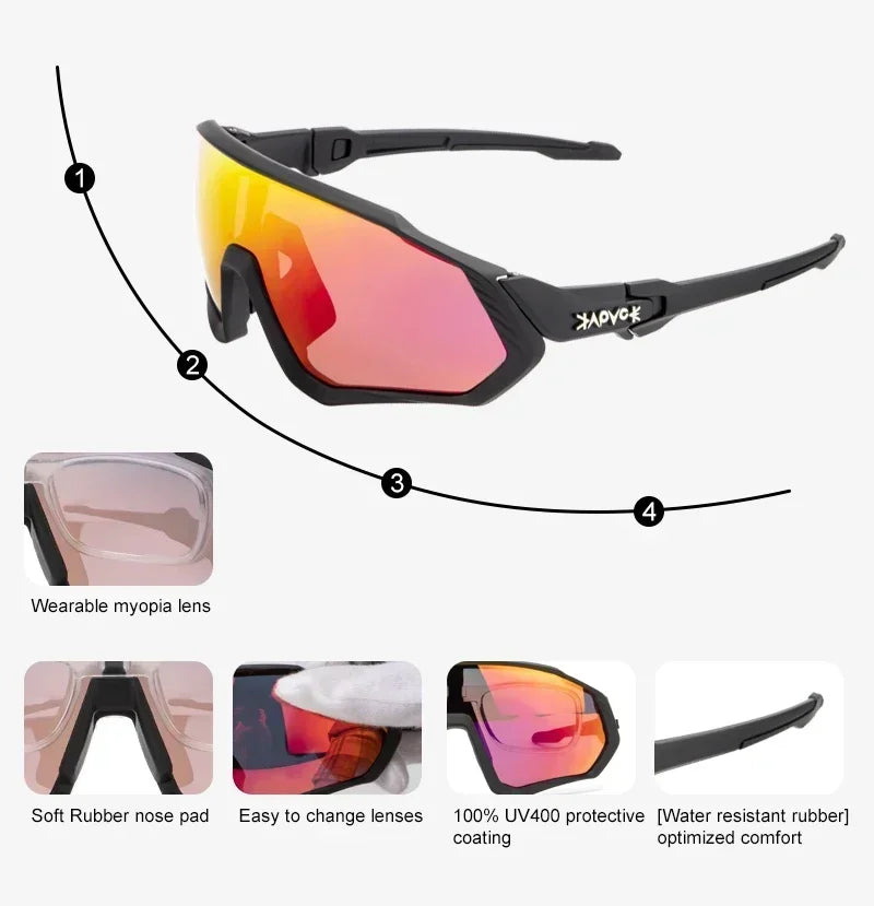 Black sport sunglasses with red mirrored lenses, UV400 coating, myopia lens option, and rubber nose pad.