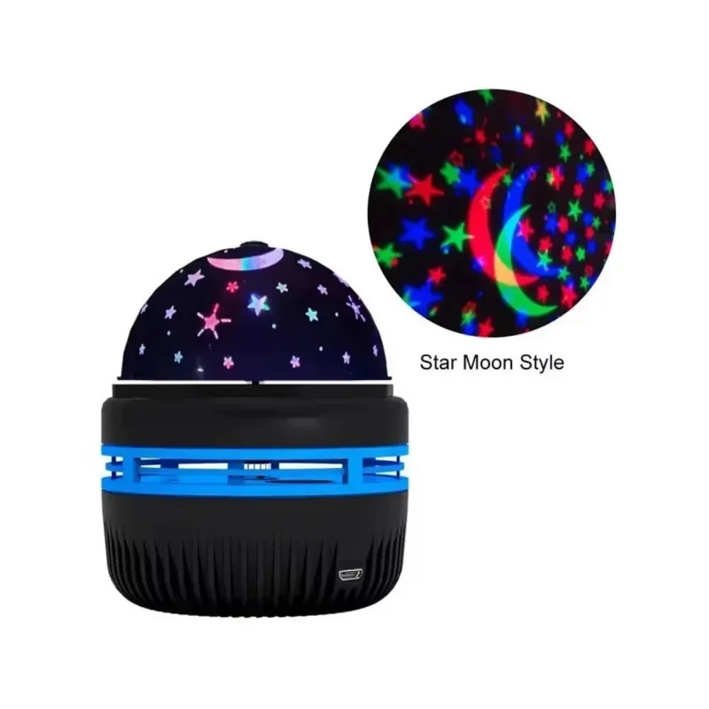 Star and moon night light projector with colorful LED galaxy pattern, black and blue base
