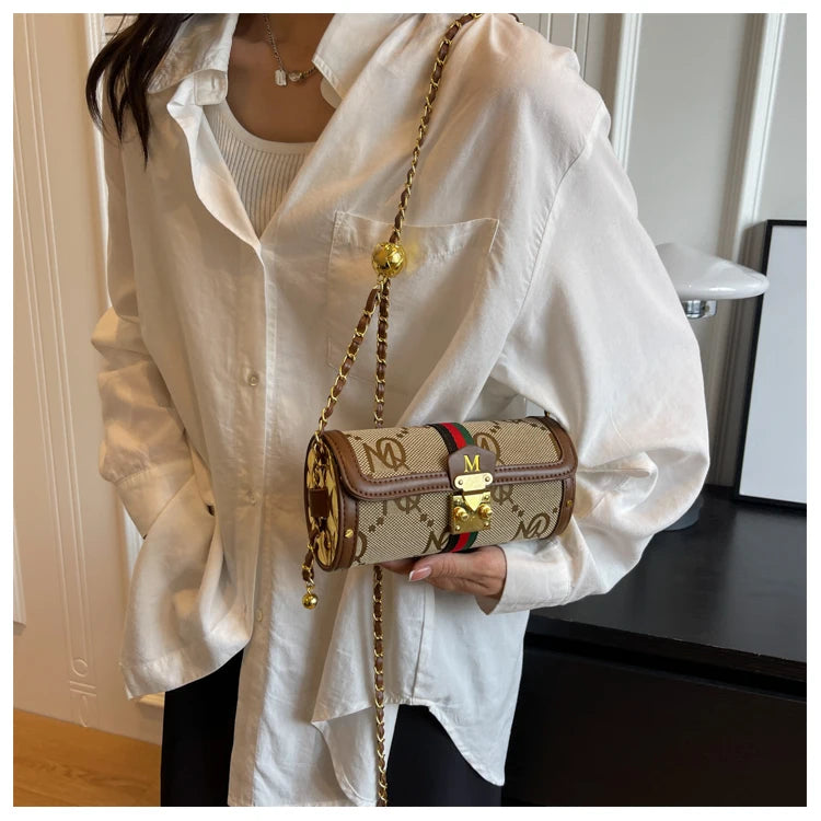 Fashionable Retro Summer Women's Chain Crossbody Bag Trendy Cylinder Bag Soft PU Leather Casual Style Small Size Korean Style