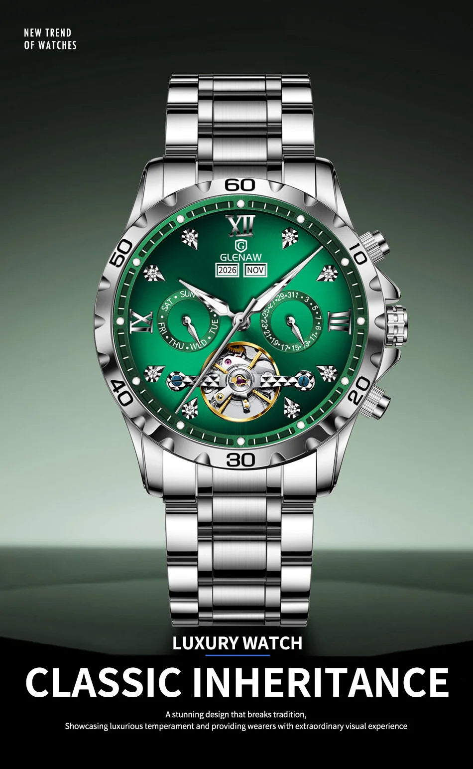Glenaw high-end business fully automatic mechanical multi-functional men's watch trendy fashion waterproof watch
