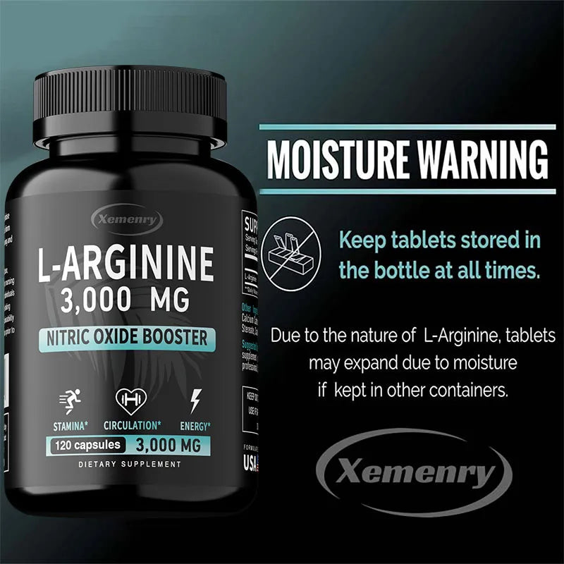 L-Arginine 3000mg - Contains Amino Acids, Supports Blood Flow and Heart Function, Promotes Muscle Growth, Boosts Energy