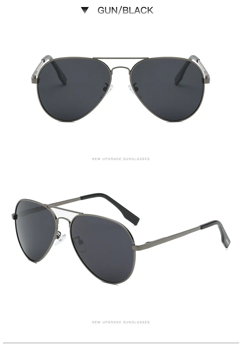 Gun black aviator sunglasses with dark lenses and sleek metal frame, modern eyewear style