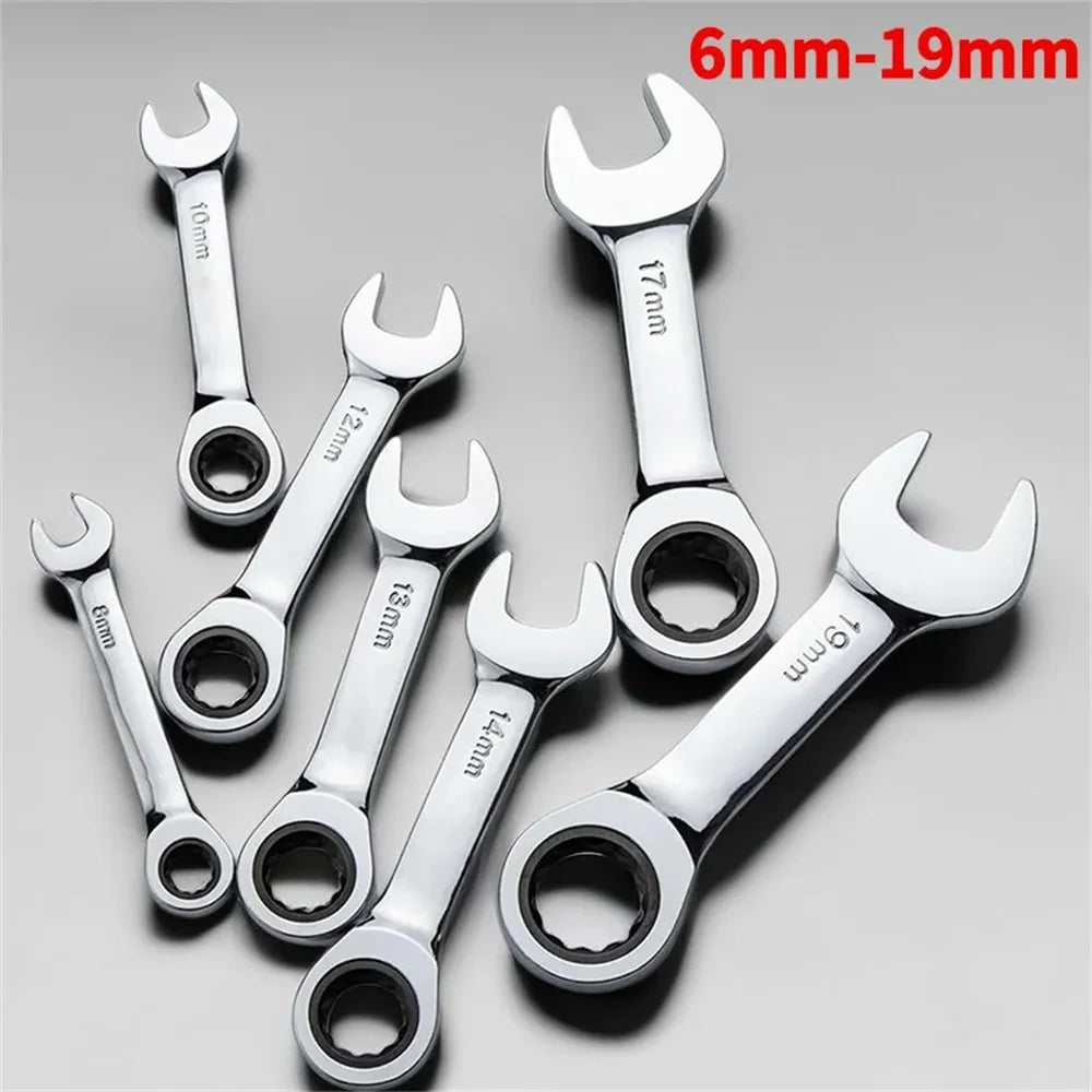6-19mm Stubby Ratchet Spanner Short Ratchet Wrench Car Repair Hand Tools 72 Tooth Design Short Handle Dual-purpose Wrench Tool