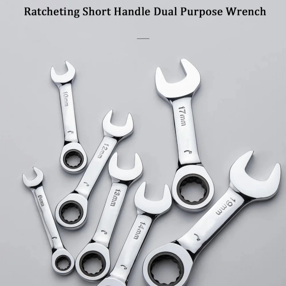 6-19mm Stubby Ratchet Spanner Short Ratchet Wrench Car Repair Hand Tools 72 Tooth Design Short Handle Dual-purpose Wrench Tool