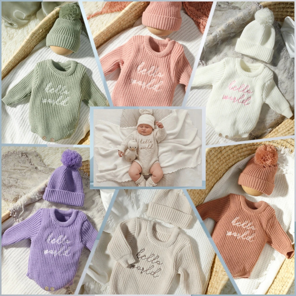 Hello World Knitting Newborn Photography Romper with Matching Pomp Hat Baby Boy Girl Sweater Outfits for Photo Shooting