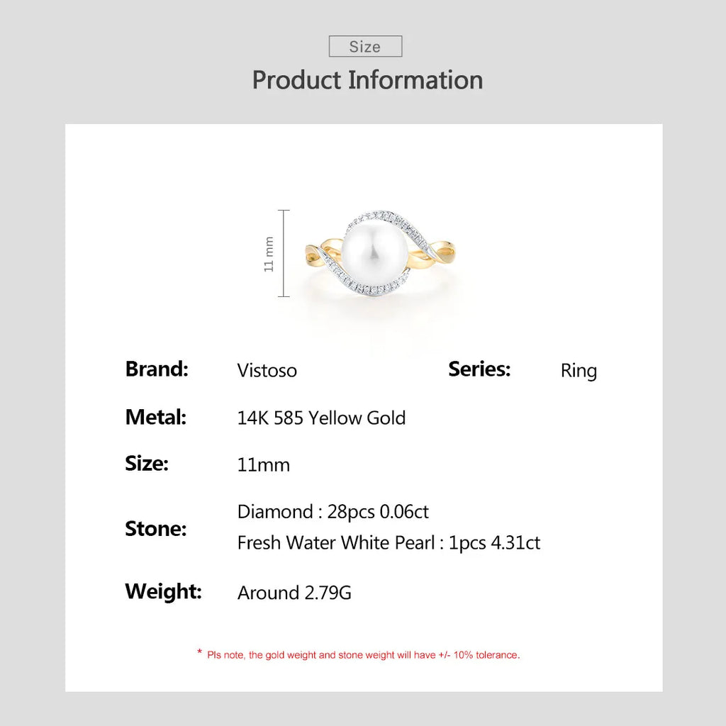 VISTOSO Genuine 14K 585 Yellow Gold Ring For Women Sparkling Diamonds Fresh Water Pearl Delicate Party Fashion Fine Jewelry