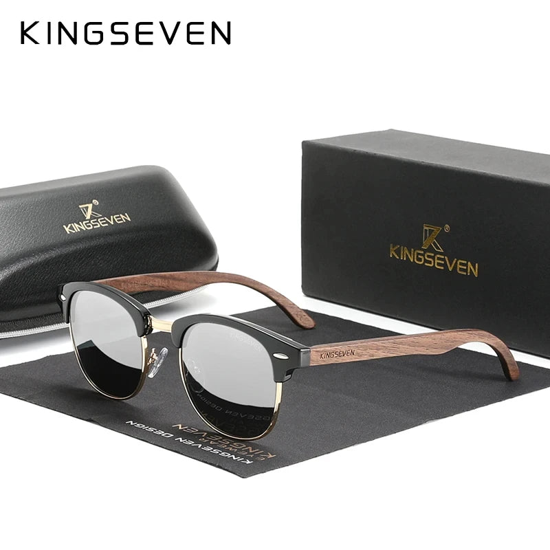 Vintage style sunglasses with black frames, wooden arms, and KINGSEVEN logo, with case and box.
