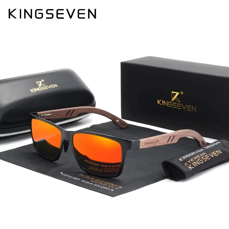Rectangular sunglasses with orange mirrored lenses, wooden arms, and KINGSEVEN case and box.