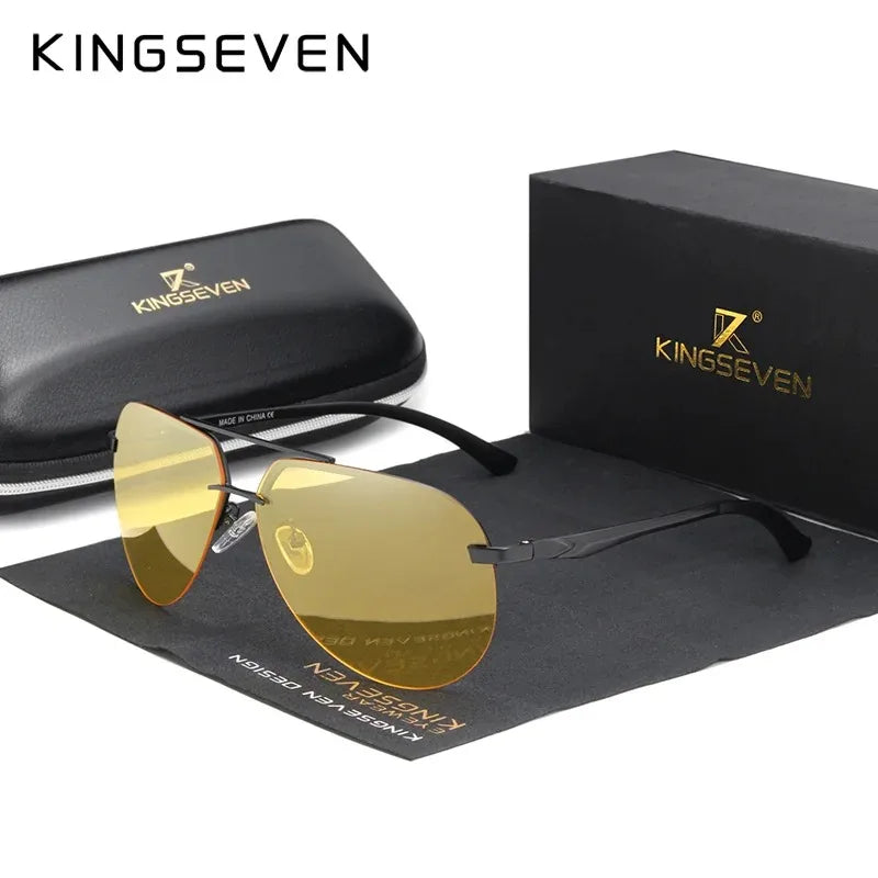 Yellow-tinted aviator sunglasses with black frame, case, and gift box