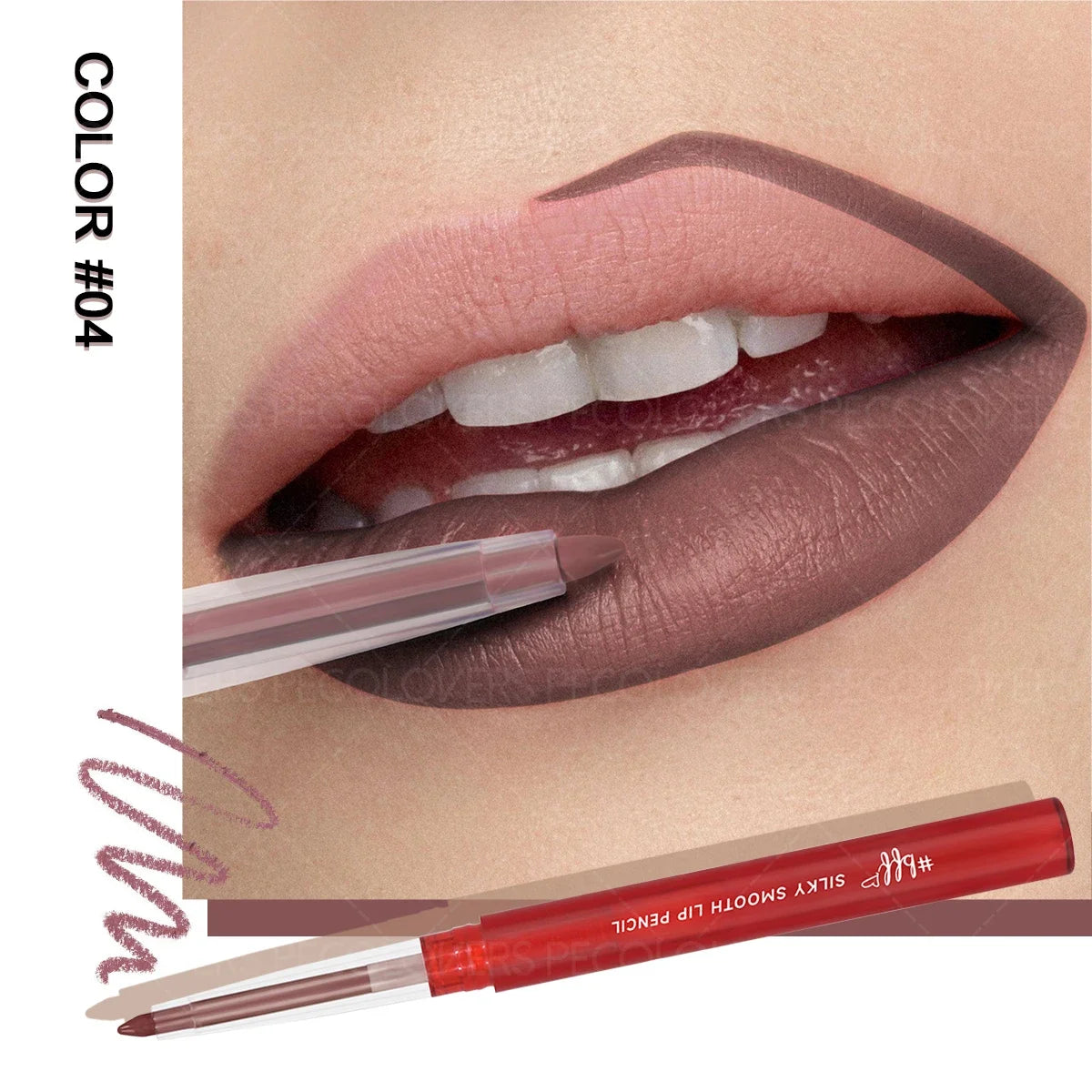 Close-up of lips lined and filled with brown lip liner pencil, showing Color #04 application.