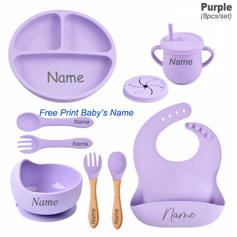 Personalized Logo Name Baby Silicone Dishes Feeding Set Suction Cup Bowl Tableware Kids Bowl Spoon Fork Bib Feeding Set BPA Free