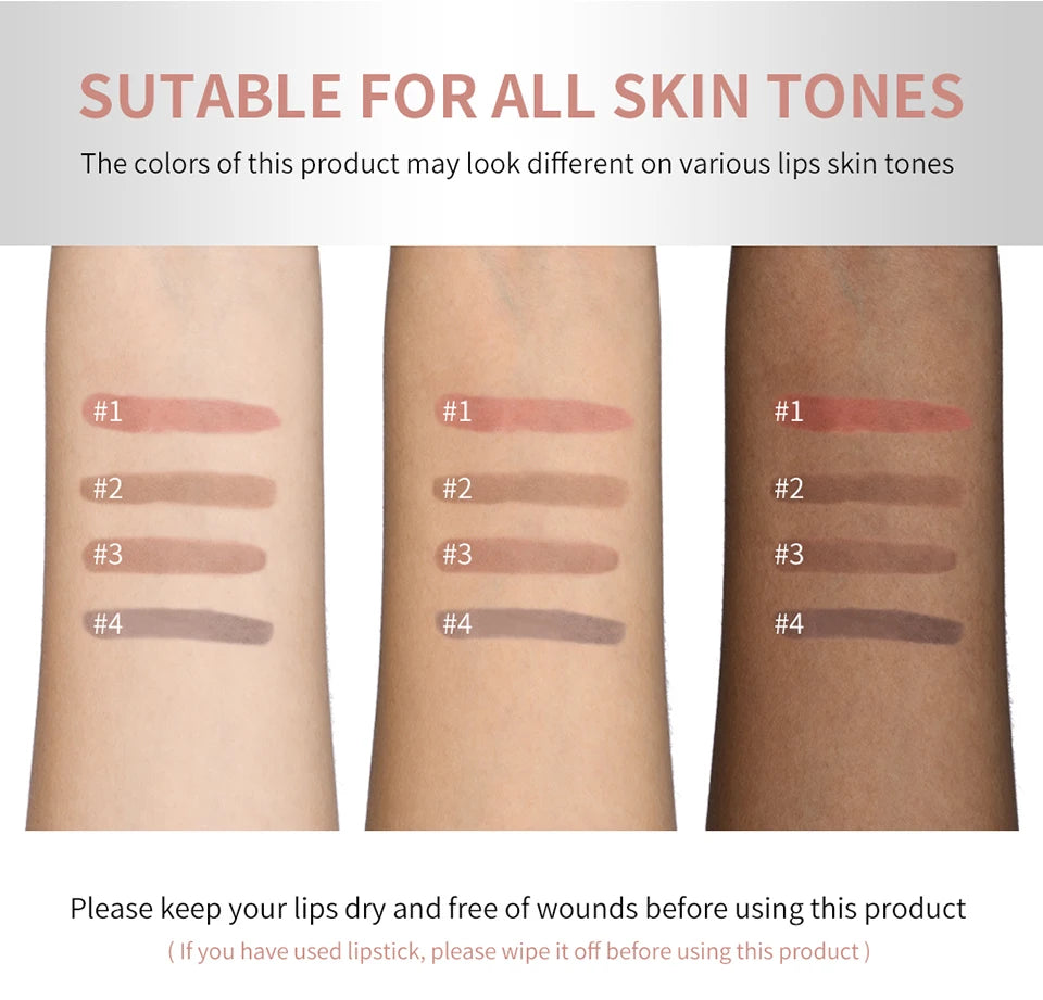 Lip color swatches on light, medium, and dark skin tones with four labeled shades.