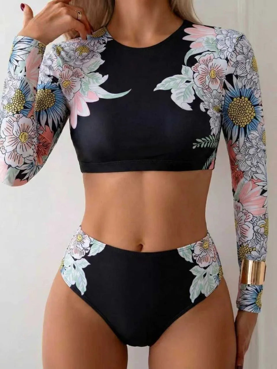2026 Long Sleeve Two Pieces Surfing Swimsuit Floral Print Swimwear Women Rashguard Diving Clothes Bathing Swim Suit Beachwear