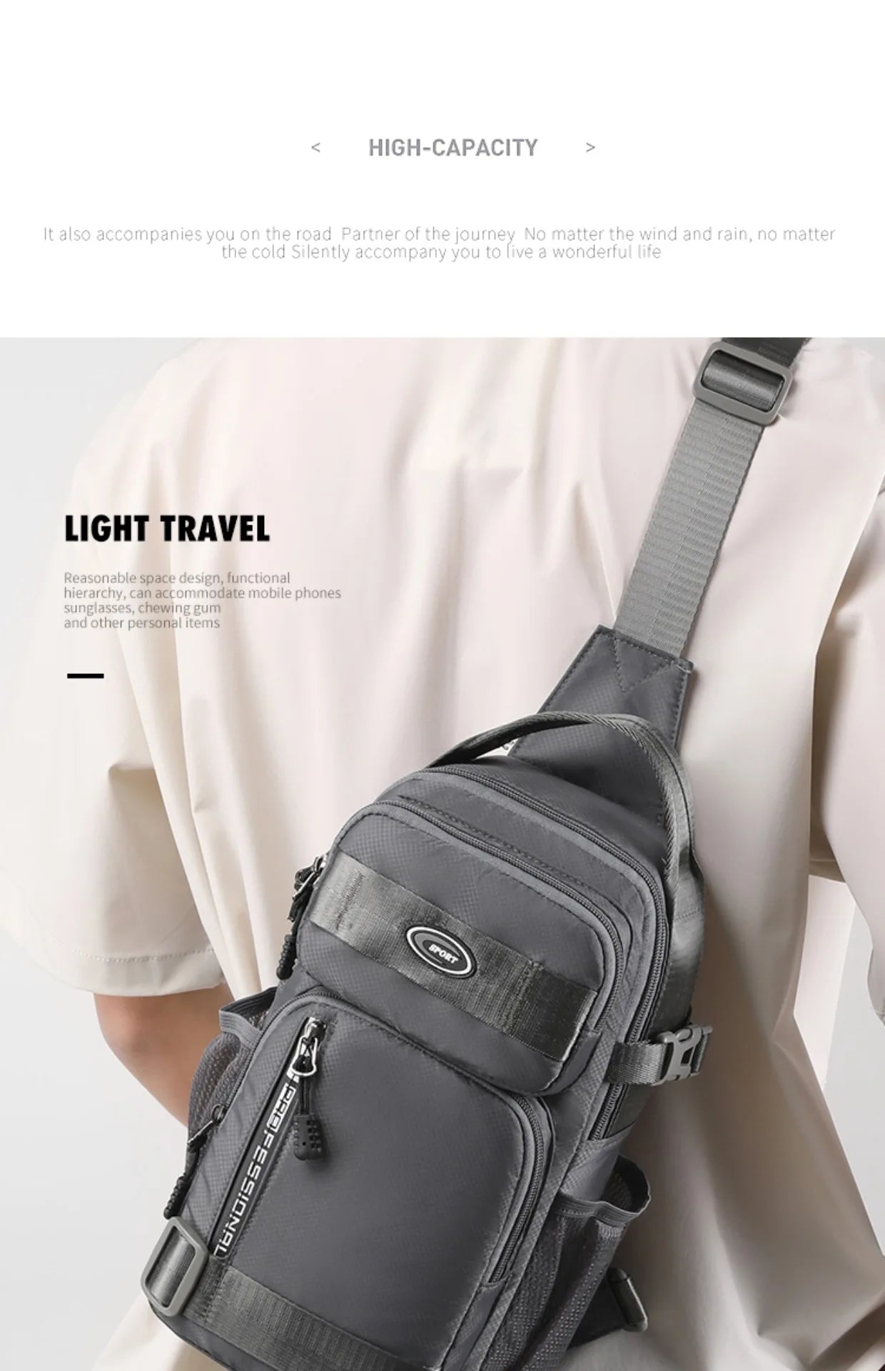 Fashionable Men's Crossbody Bag Student Casual Waist Bag Nylon Material Zipper Closure Soft Handle Multi-Compartment Pack
