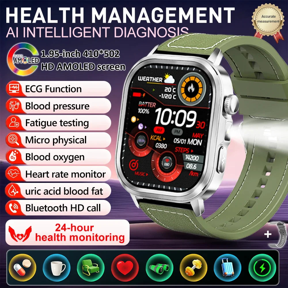 New Accurate Blood Pressure Smart Watch Uric Acid ECG+PPG Blood Oxygen Body Analysis Body Fat LED Flashlight smart watches 2025