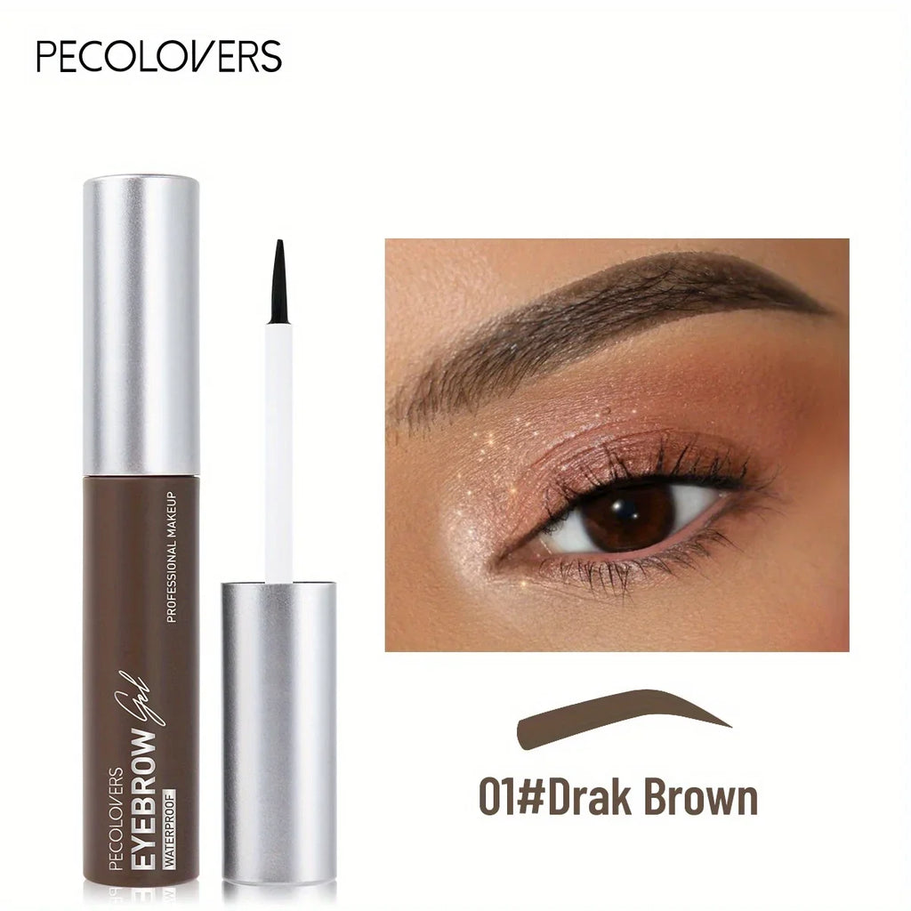 Dark brown eyebrow gel with applicator, close-up of defined eyebrow and eye makeup
