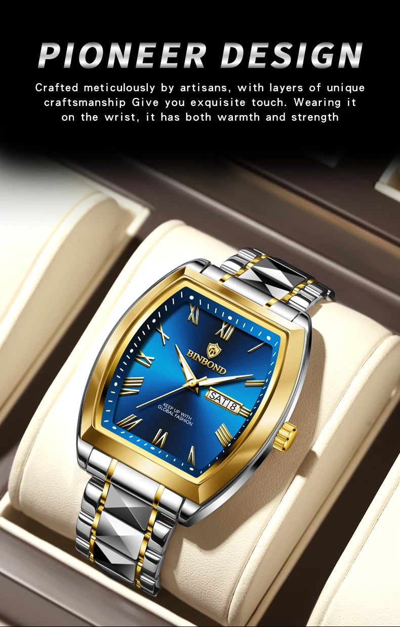 BINBOND 2pcs Couple Watches Fashion Square Quartz Watch for Lover Wateproof Luminous Date Week Men Ladies Valentine Wristwatch