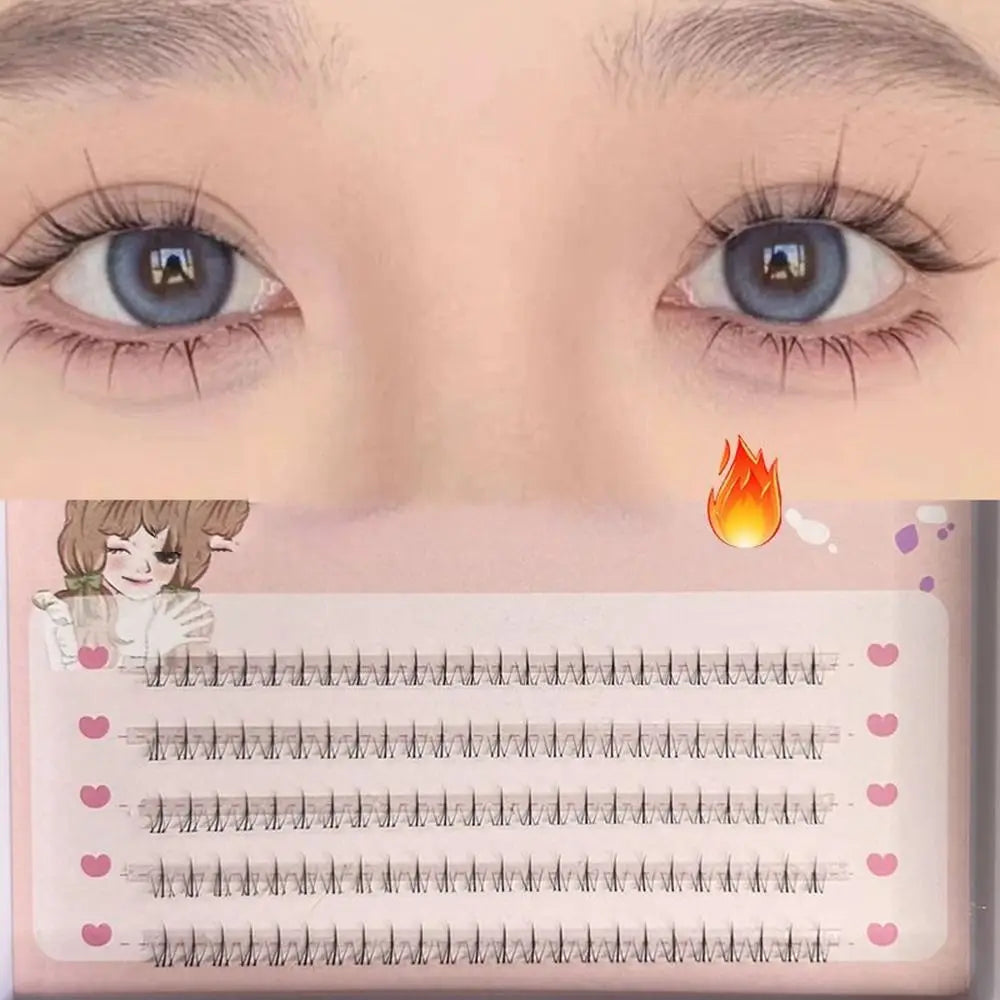 Close-up of blue eyes with long false eyelashes and a tray of individual eyelash extensions.