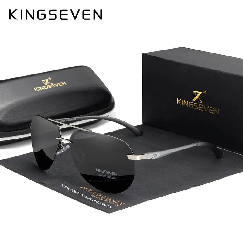 Men’s black aviator sunglasses with metal frame, KINGSEVEN case and box, stylish eyewear
