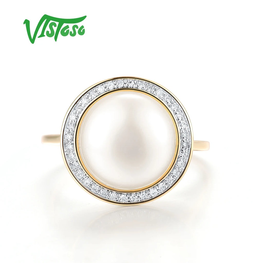 VISTOSO Authentic 14K 585 Yellow Gold Rings For Women Sparkling Diamond Fresh Water Pearl Round Wedding Set Trendy Fine Jewelry
