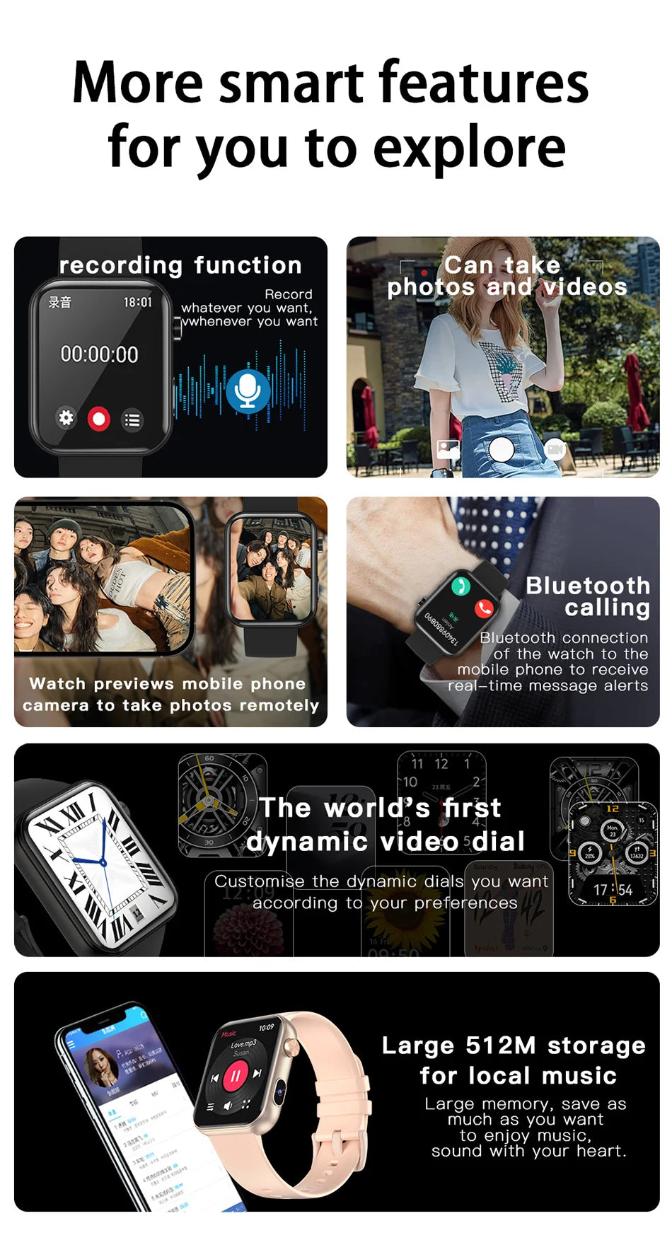 2025 New Smart Watch Women Men HD Camera Record Video Heart Rate 512MB Memory Music Sport Waterproof Bluetooth Call Smartwatch