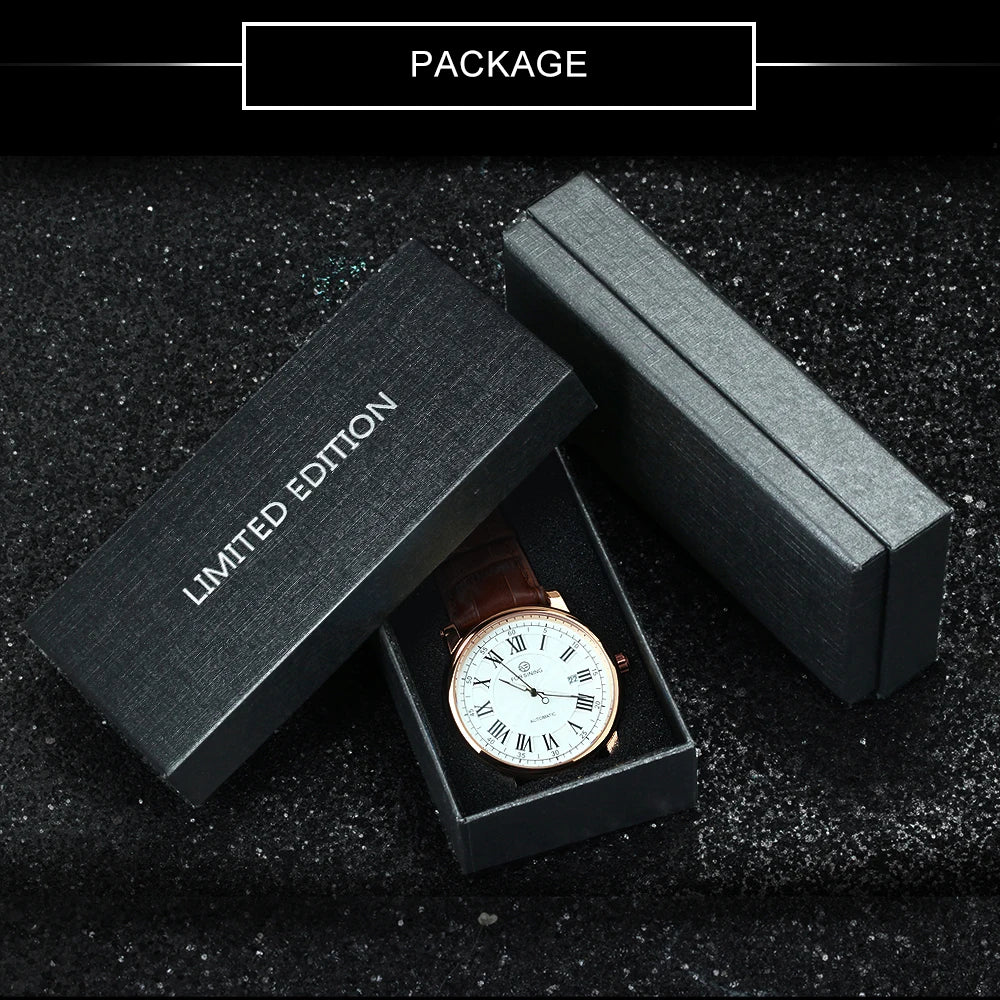 Forsining Classic Business Automatic Mens Watch Calendar Luxury Brand Brown Leather Strap Fashion Rose Gold Mechanical Watches