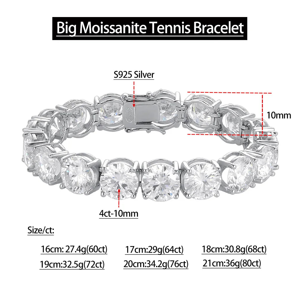 Serenity 10mm D Color Big Moissanite Tennis Bracelet for Women Men 100% S925 Sterling Silver Hand Chain Plated 18K Bracelet GRA
