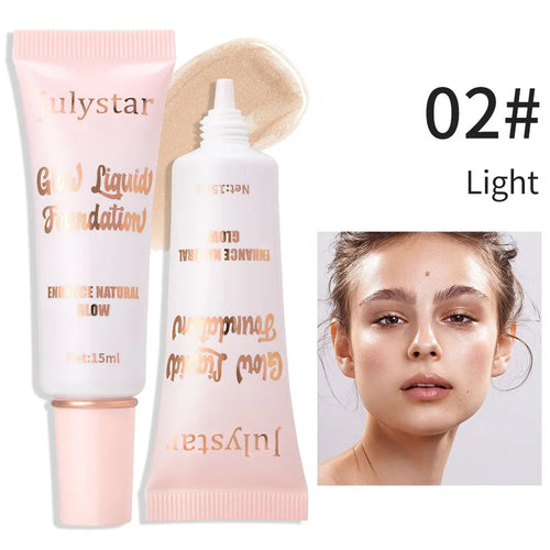 Julystar Glow Liquid Foundation 02 Light shade, tube and sample, shown on model's face.