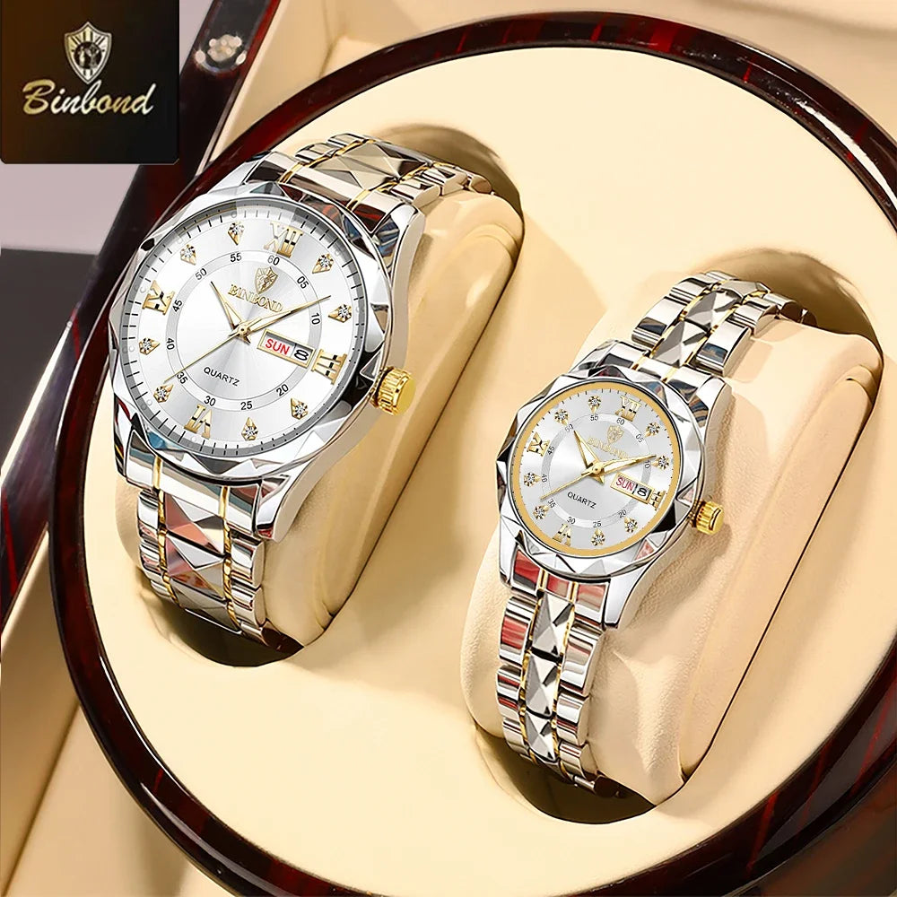 2pcs/Set BINBOND Couple Quartz Watches 30M Waterproof Fashion Diamond Valentine Day Gift Stainless Steel Watch Men Women Watch