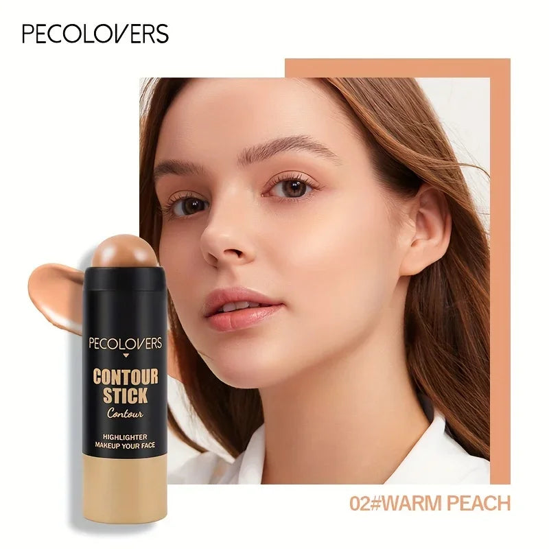 Woman with natural makeup using PECOLOVERS contour stick highlighter in warm peach shade