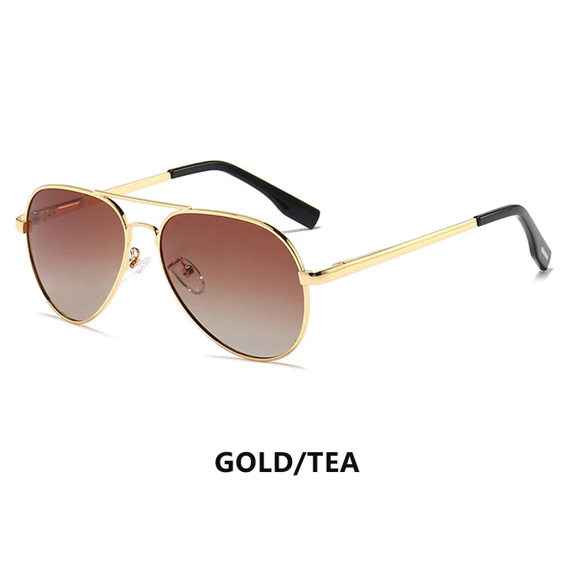 Aviator sunglasses with gold metal frame and gradient brown lenses, labeled gold/tea.