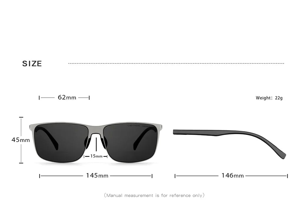 Rectangular black sunglasses with size chart showing lens, bridge, and arm measurements, 22g weight.