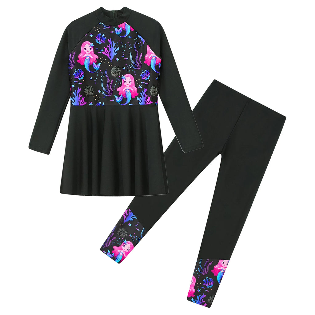 Girls Swimsuits 2 Piece Rash Guard Set UPF 50 Sun Protection Long Sleeve Swim Dress with Leggings Kids Full Body Cover Beachwear