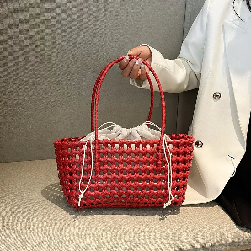 Hollow out Woven Beach Vacation Shoulder Backpack Women's Bag Casual Simple Style Double Strap Handbag for Daily Use